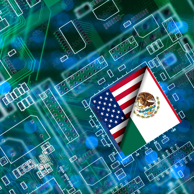 Circuito electrónico con banderas de México y Estados Unidos, integración regional T-MEC
